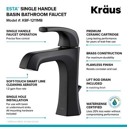 KRAUS Esta Single Handle Basin Bathroom Faucet with Lift Rod Drain in Matte Black, KBF-1211MB - Thumbnail 5
