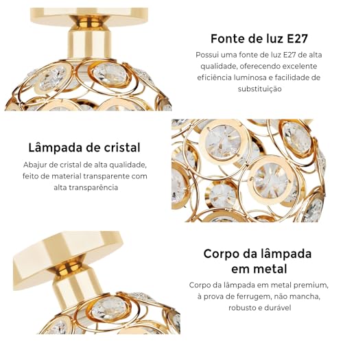Luminária Pendente de Cristal e Ferro - Design Moderno com Luz Tricolor - Voltagem 110V-220V - Acabamento Premium para Sala, Quarto e Hall (Esférico)
