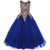 Formal Little Girls Long Pageant Dresses Prom Ball Gown Gold Lace Burgundy Tulle