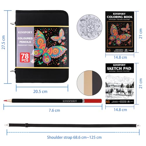 KINSPORY 78PCS Coloring Pencils with 3.0mm Soft Leads, 50-Sheet 3-Color Sketch Book, Sketching Kit with Adjustable Shoulder Strap - Art Set Gift for Adults Artists Beginners Teens Girls Boys