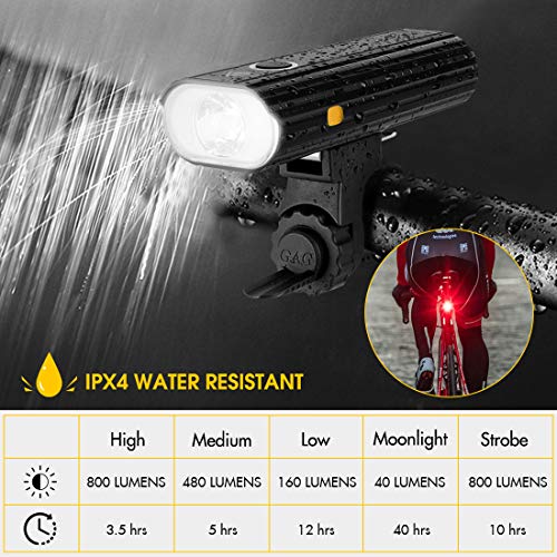 Te-Rich Bicycle Lights, 800 Lumens Bike Light Front Rechargeable & LED Rear Bike Light, Super Bright Cycling Headlight and Taillight Set, Safety Accessories for Kids/Women/Men, Fit Road/MTB Bikes