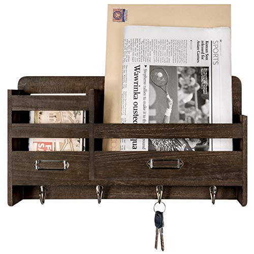 Mkono Mail Sorter Organizer Wood Key Holder Organizer for Wall, Rustic 2-Slot Wall Mail Holder with Tags Frame & 4 Key Hook Rack for Entryroom, mudroom,Hallway, Kitchen, Office,Dark Brown