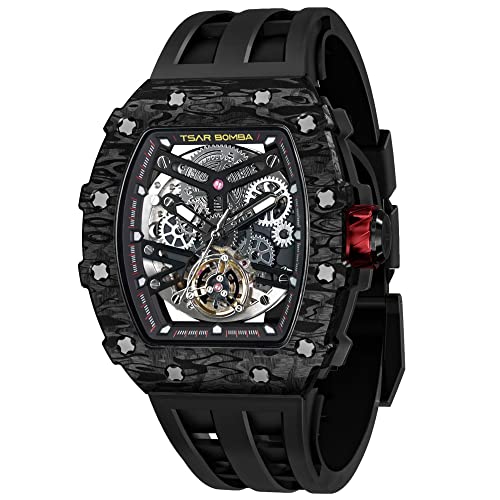 TSAR BOMBA Watch for Men, 50M Waterproof Automatic Mens Watch, Skeleton Mechanical Tonneau Big Face Dial Black Watch with Silicone Watch Bands, Gifts for Men