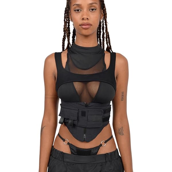 BAIMORE Women's Sexy Cyberpunk Y2k Mesh Patchwork Mock Neck BAIMORE Women's Sexy Cyberpunk Y2k Mesh Patchwork Mock Neck