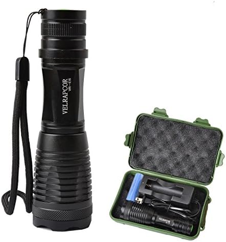 VELRAPCOR Super Bright Flashlight Torch 800 Lumens CREE T6 LED Adjustable Focus Zoomable Waterproof, 18650 Rechargeable Battery, AC Charger, Black