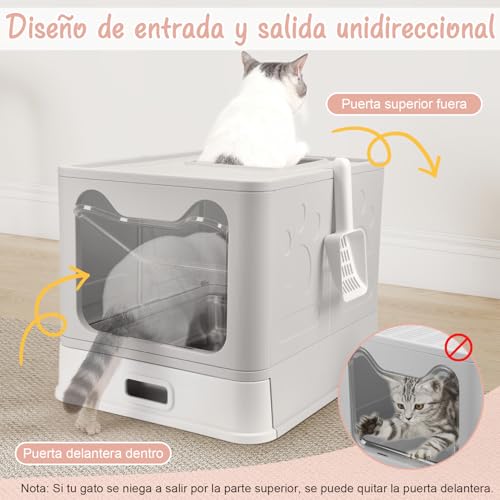 Arenero para Gato de Acero Inoxidable con Cajón Apto, Arenero para Gato Cerrada, con Pala para de Gatos, 51 * 41 * 38cm, para Gatos Grandes (Gris)
