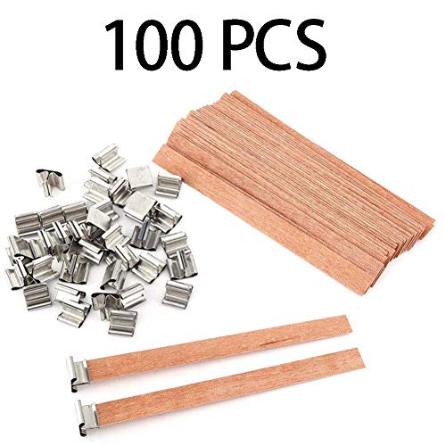 BENBO 100 Pieces Smokeless 5.1 X 0.5 Inch Wood Natural Candle Wicks with Iron Stand Environmentally Friendly Candle Cores for DIY Candle Making Craft