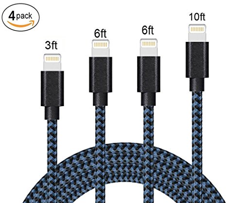 QIANXIANG Lightning Cables,charger cables[4Pack][3FT/6FT/6FT/10FT]to USB Syncing and Charging Cable Data Nylon Braided Cord for apple iPhone 7/7 Plus/6/6 Plus/6s Plus/5/5s/5c/SE and more (Black&Blue)
