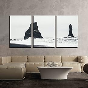 3 Piece Canvas Wall Art - Seascape with Mountains in The Sea - Modern Home Art Stretched and Framed Ready to Hang - 16"x24"x3 Panels