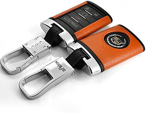 Saibon Protective ORANGE Genuine Leather Hard Back Keyless Remote Entry Case Keychain for Cadillac CTS XTS ATS SLS SRX