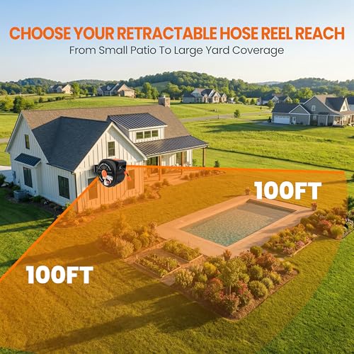 Retractable Garden Hose Reel, 1/2 in x 100 ft Wall Mounted Hose Reel Heavy Duty with 10-Function Sprayer Nozzle, Any Length Lock, Slow Return System, 180°Swivel Bracke for Large Yard Lawn Car Washing