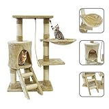 Árbol para gato de color beige, con rascador de 90 cm y piel sintética. Incluye accesorios como hamaca, cuerda y casa.