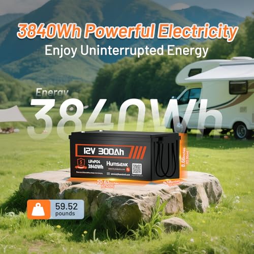 HumsiENK 12V 300Ah LiFePO4 Battery 2-Pack, 7680Wh Deep Cycle Lithium Battery with Bluetooth, Low-Temp Protection, 200A BMS (2560W Output), 15000 Cycles for RV, Solar, Marine and Off-Grid