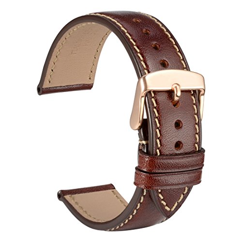 WOCCI 20mm Full Grain Leather Watch Band with Rose Gold Buckle, Sports-Style Strap, Replacement Bracelet (Wine Red