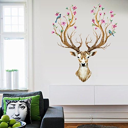 EMIRACLEZE Christmas Gift Sika Deer Head With Beautiful Flower Happy New Year Removable Mural Wall Decal for Window Decoration Bed Wall Decor