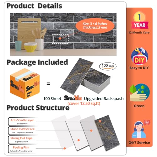 StyloVue 100 Pieces Peel and Stick Backsplash for Kitchen, 3" x 6" PVC Subway Tile 2026 Upgraded Gray-Gold Stone Backsplash Stick on Tile Elevate Kitchen Fireplace RV