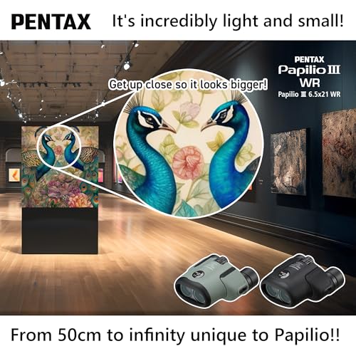 Pentax Papilio III Binoculars, 6.5 x 21 Weatherproof, Black, Close Focus 50 cm, Splashproof, Museum, Outdoor, Nature, Live Sports, HD Coating