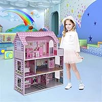 Fabal Toddler Children Toys House Simulation House DIY Pink Doll House Cottage DIY Dollhouse Wooden with Miniature Furniture Kit for Gift (Pink)