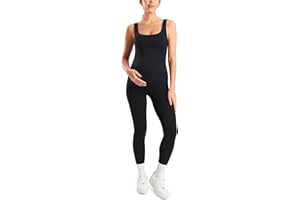 MOMANDA Maternity Jumpsuit Workout Romper for Pregnancy Seamless Leggings Bodysuit Sleeveless Square Neck Tank Top Black Medi