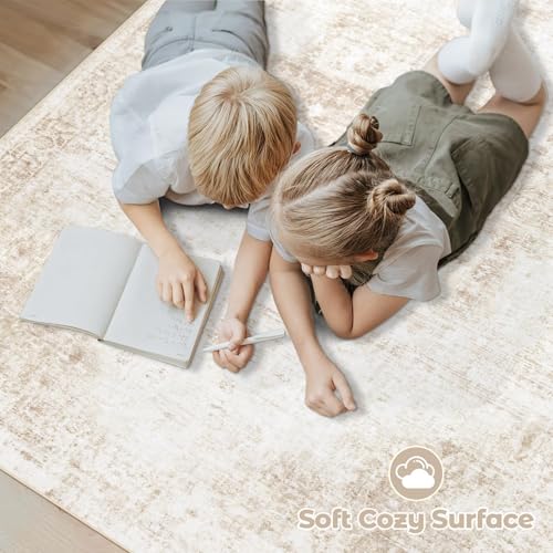 VECARF Area Rug 9x12 Washable Rug, Vintage Boho Medallion Rugs Non-Slip Soft Low Pile Large Distressed Rug Indoor Retro Carpet for Living Room Bedroom Dining Room Home Office (Beige, 9'x12')