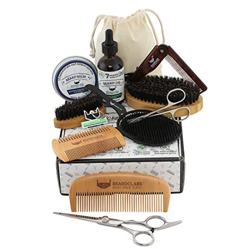 BEARDCLASS Beard Grooming Kit Set for Men (12 in 1) - 100% Bamboo Boar Beard Brush and Wooden Comb, Organic 2 Oz. Beard Mustache Oil and Balm Wax with Diffuser Palm Comb, Scissors and Gift Box