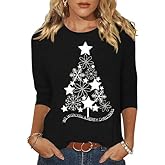 3/4 Sleeve Christmas Shirt for Women Merry Believe Lights Tree Graphic Festival Shirt Vacation Trendy Tops
