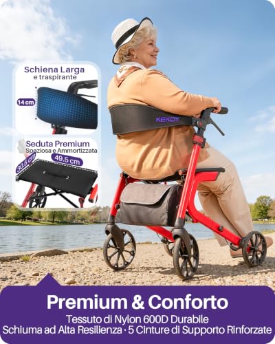 Kekoy Bariatrico Resistente Deambulatore per Anziani 4 Ruote, Pieghevole, 226 kg Portata, Sedile 50 cm Extra Largo, Ruote 25 cm Per Tutti I Terreni, Altezza Regolabile, Freni con Cavi Nascosti, Rosso