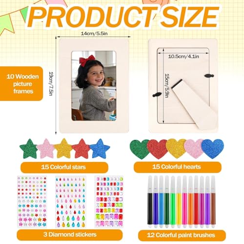 Tuxvealu 10 Pcs Photo Frame Decoration for Children, 19 x 14 cm Wooden Frames for Crafts, DIY Photo Frame with 12 Markers and Stickers, Ideal for Children's Birthdays, Crafts