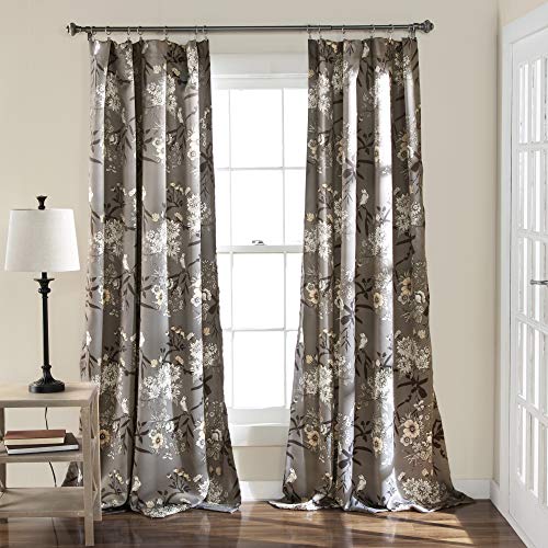 Lush Decor Botanical Garden Curtains Floral Bird Print Light Filtering Window Panel Drapes Set for Living, Dining, Bedroom (Pair), Gray, 52 W x 84L