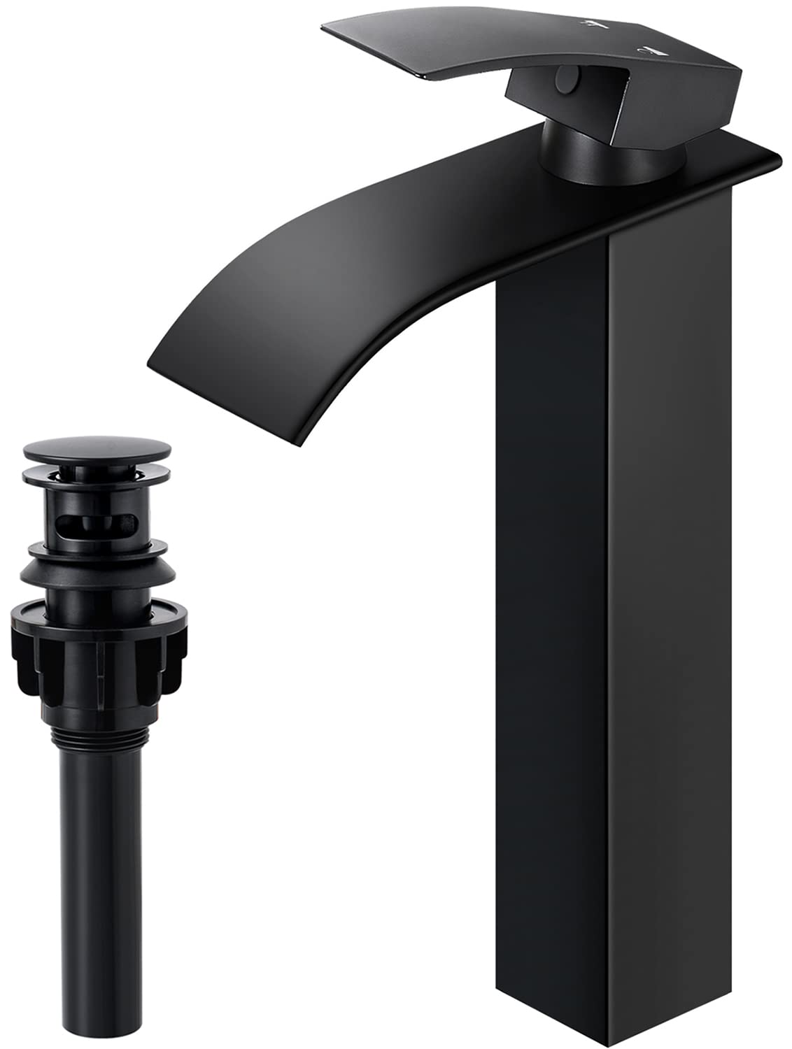 Photo 1 of Qomolangma Tall Waterfall Bathroom Faucet, Matte Black Single Handle Bathroom Faucets for Sink 1 Hole, Tall Spout Vessel Sink Faucet Mixer Tap Washbasin Faucet with Pop-up Drain and Supply Hoses