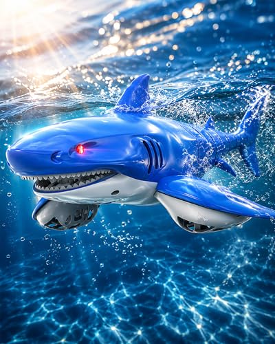 KOKODI Remote Controlled Robot Shark for Children from 3 Years - RC Water Toy with Light & Waterproof Remote Control, Summer Pool Toy, Bath Toy, Birthday Gift Boys Girls