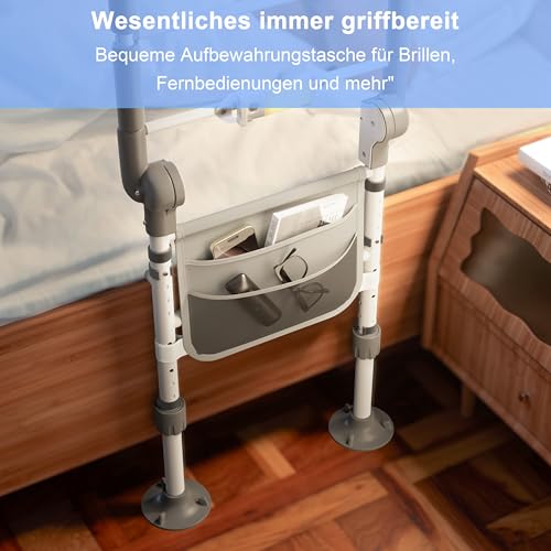 SANEWE Sponda Letto Anziani,Sponde per letto Anziani con borsa Supporto Regolabile in Altezza Pieghevole,Maniglia Antiscivolo,Luce con Sensore di Movimento,Adatto a Qualsiasi letto,Portata 160 kg