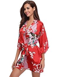 Aibrou bata kimono de satén de pavo real y flores, ropa de cama corto para mujer