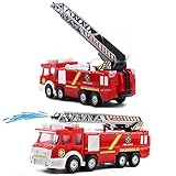 Newnet Electric Fire Truck Toy with Lights and Sirens, Extending Ladder and Water Pump Hose to Shoot Water, Bump and Go Action - Battery Operated