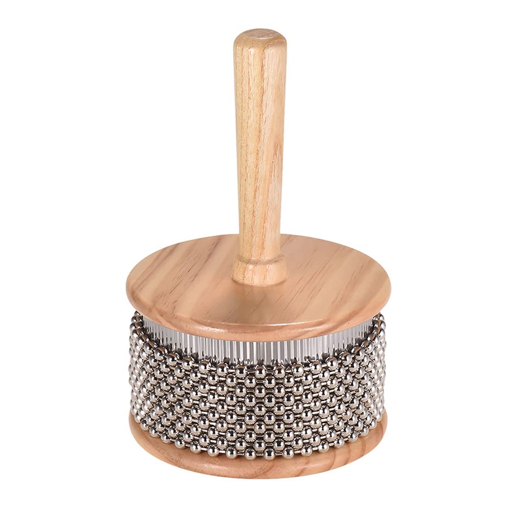 Heysland Wooden Cabasa Percussion Musical Instrument Metal Beaded Chain and Cylinder Pop Hand Shaker for Band Classroom 4.5”