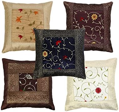 Modern Home Decor Multicolor Throw Pillows Polyster Indian Designer 16x16 Cushion Covers Indian Ethnic Set Of 5 Pillowcases Embroidered Floral By Rajrang