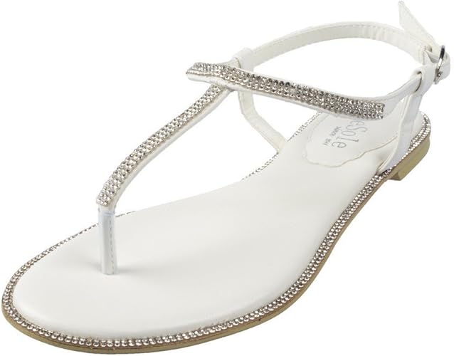 Amazon.com | Shoezy SheSole Womens PU Leather T-Strap Flat Sandals Rhinestone Beach Wedding 