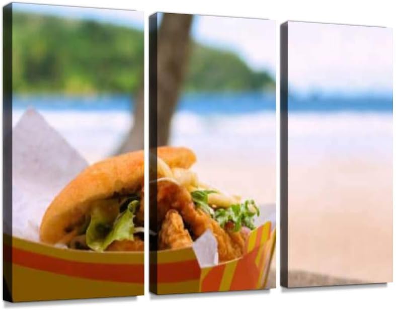 BELISIIS Fried Shark and Bake Fast Food by Beach Maracas Bay Cooking Seafood Wall Artwork Exclusive Photography Vintage Paintings Print on Canvas Home Decor Wall Art 3 Panels Framed Ready to Hang