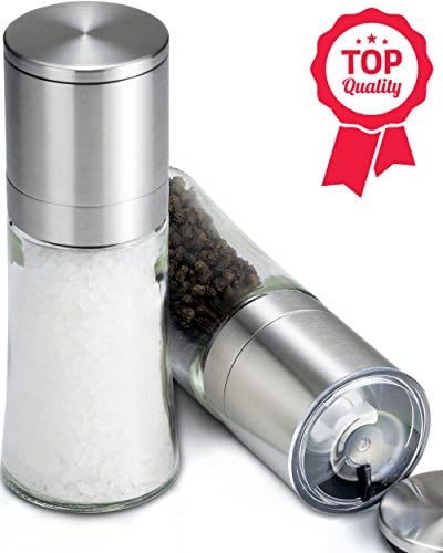 Slim & Contoured Salt and Pepper Grinder Set, Easy to Hold for Smaller Hands, Solid Glass, Brushed Stainless Steel, Peppercorn Grinders w/ Shaker Lids, Mill set of 2