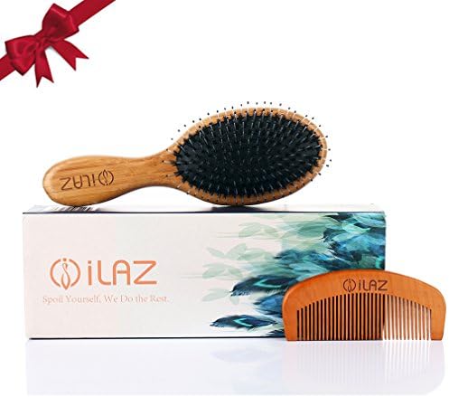 iLAZ Natural Boar Bristle Hair Brush Comb with Nylon pin/Wooden handle - Best for Styling, Straightening, Detangling and Thick Thin Fine Straight Curly Wavy Long Short Dry Damaged Hair