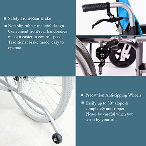 Hi-Fortune Wheelchair 21lbs Lightweight Self-propelled Manual Wheelchairs for Adults with Cushion and Travel Bag, Portable and Folding, 17.5'' Seat, Blue - Thumbnail 4
