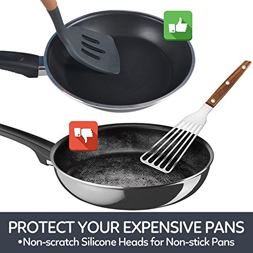 SAVORLIVING Silicone Kitchen Utensil 5 Pieces Set with Wooden Handle, Cooking Tools including Spatula,Turner, Soup Ladle, Serving Spoon,Slotted Spoon, 7.9 inches , Grey