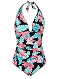 Firpearl Women's Retro 50s One Piece Swimsuit V Neck Halter Ruched Bathing Suit