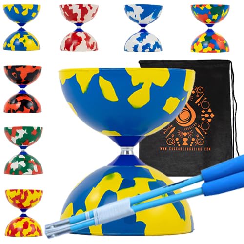 Jester Diabolo Set with Fibre Sticks, Diabolo String - Pro Medium Rubber Diablo Set With Cascade Carry Bag (Blue and Yellow)