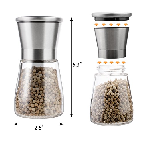 OTBBA Premium Salt and Pepper Grinder Set of 2 - Brushed Stainless Steel Mill Set, Adjustable Coarseness Salt and Pepper Mill Shakers with 6 oz Glass Body