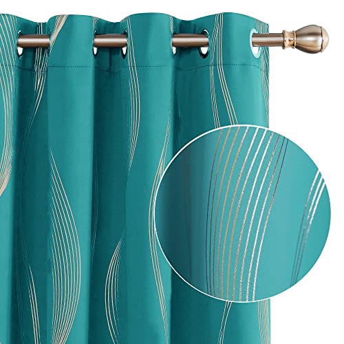 Deconovo Blackout Eyelet Curtains Thermal Insulated Gold Wave Line Foil Printed Curtains for Bedroom 46x72 Inch Turquoise 2 Panels โ image 1