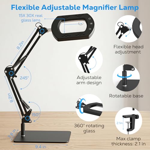 Moko 15 x 30 x Magnifying Glass with Light and Stand, Table Lamp with Clamp, Search with 5 Colour Modes, Continuous Adjustable LED Light, Table Magnifying Glass for Work, Black