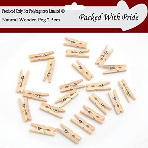 POLYBAGSTORES PACK OF 250 - NATURAL - 25mm Small Plain Wooden Craft Pegs - Mini Clip Metal Spring - Wedding Decor - 25 Colours To Choose From