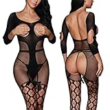 BOOMLEMON Women's Open Bust Bodystocking 3/4 Sleeve Crotchless Fishnet Lingerie Bodysuit Black