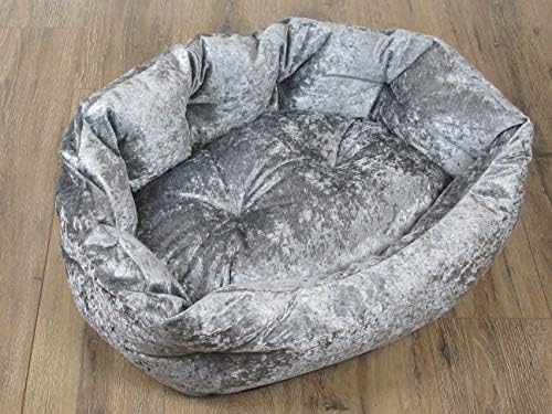 FLUFFSTERS SMALL WASHABLE GREY CRUSHED VELVET DOG/CAT BED WITH BUTTON STYLE STITCH